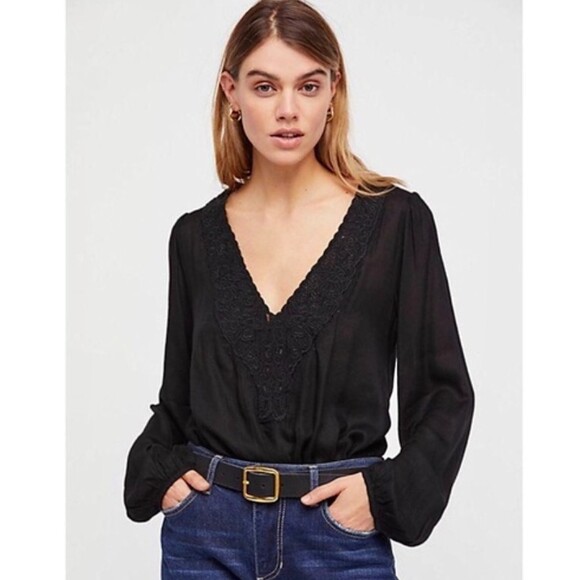 Free People Tops - FREE PEOPLE Jezebel Embroidered Blouson Sleeve Bodysuit in Black Small